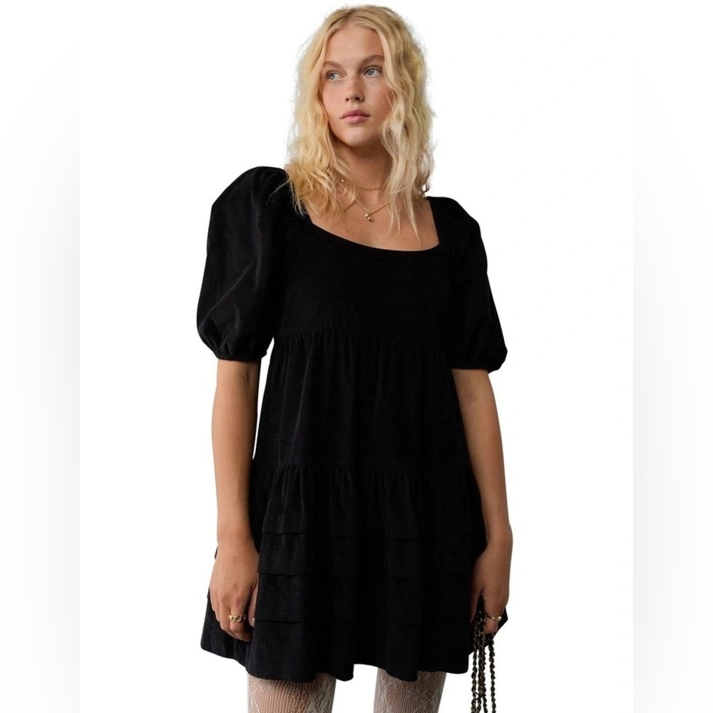 American Eagle Corduroy Puff Sleeve Mini Dress in Black